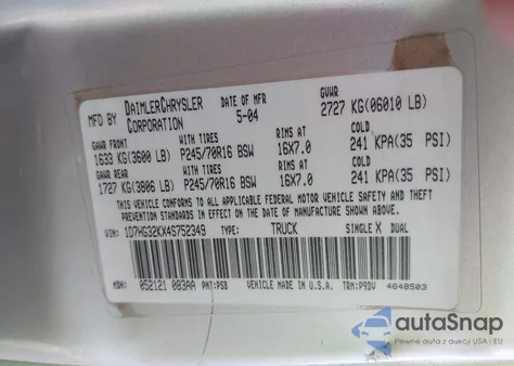 2004 Dodge Dakota Sport z USA, uszkodzony, nr VIN 1D7HG32KX4S752349